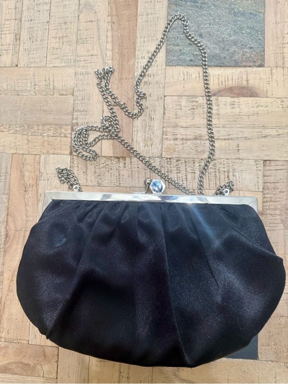 EUC Santi Vintage-Style Ruched Satin Clutch – Formal Black Evening Bag - Picture 2 of 3